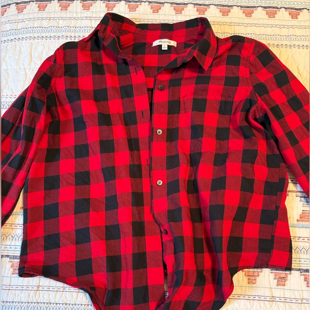 Madewell Red and Black Cropped Plaid Shirt